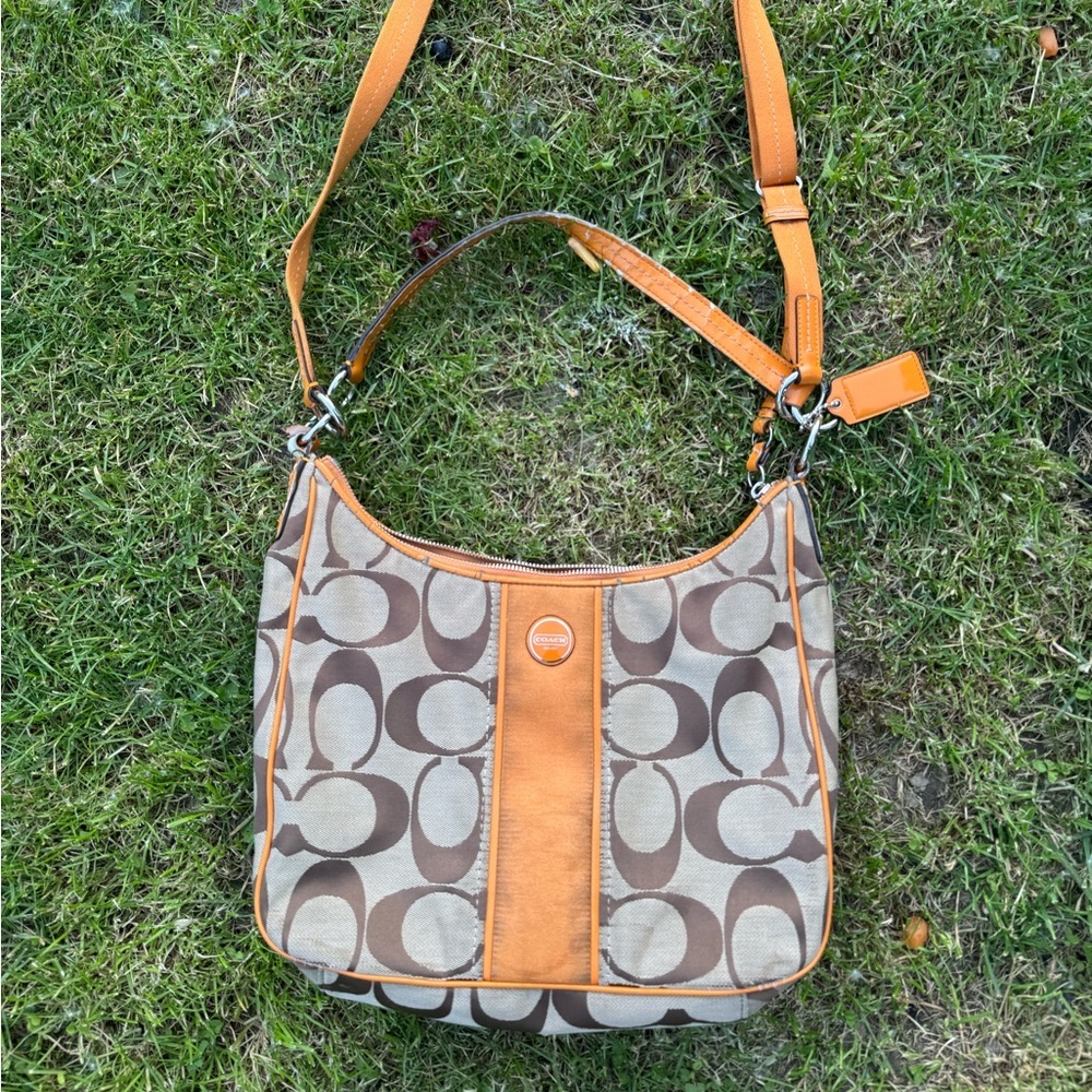 Coach Tan and Orange Shoulder‎ Bag with Monogram